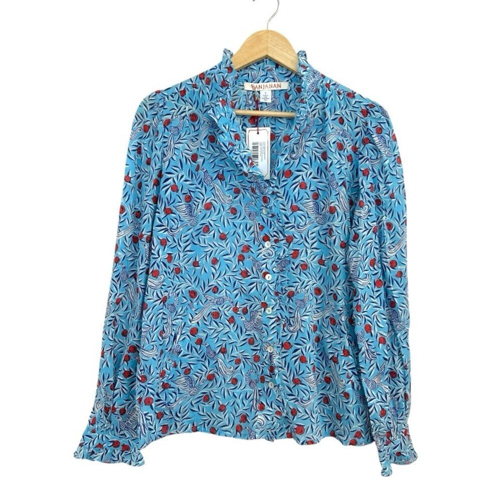 Banjanan Cotton Voile Delph Bird‎ Wave Blue Chrissie Button Down Blouse, Small